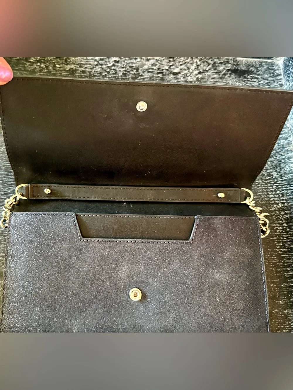kate spade navy glitter flap clutch with gold chain